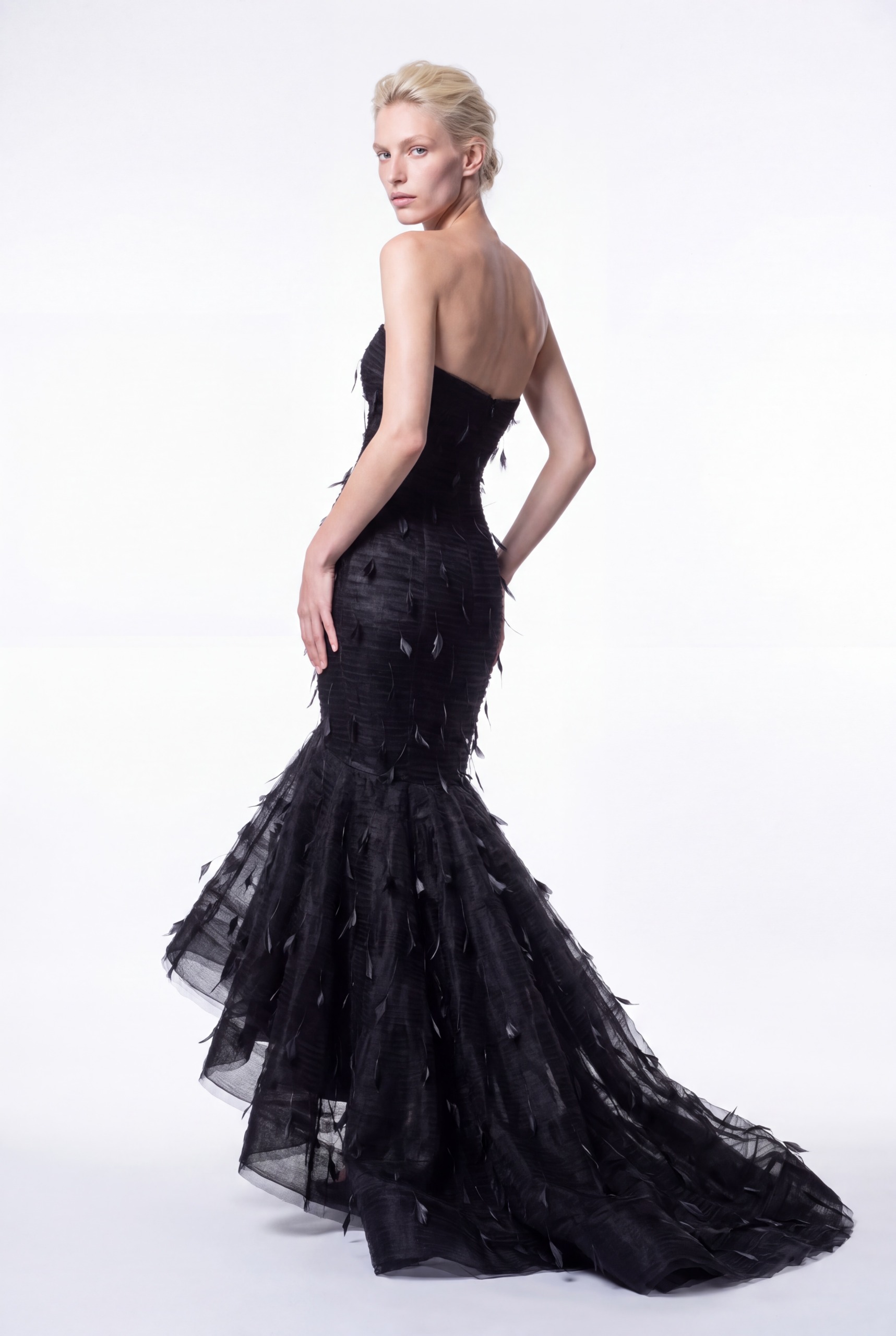 NCCF27-921D Black Strapless Draped Tulle High-Low Mermaid Gown - 4