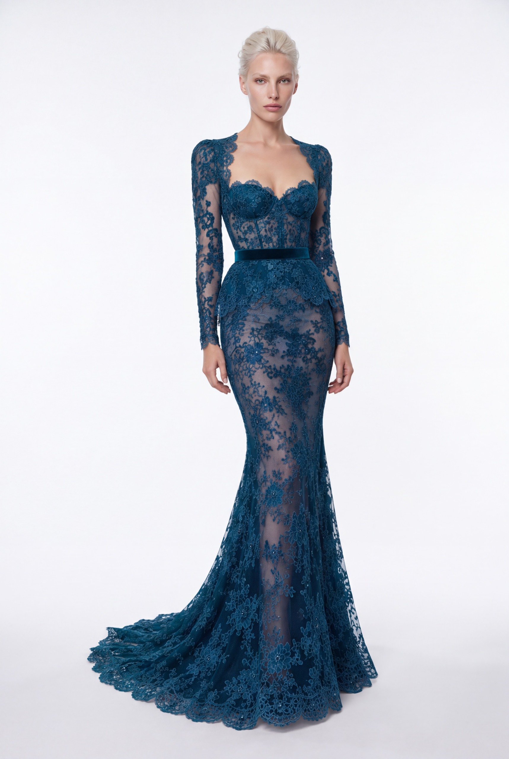 NCCF27-923 Deep Petrol Blue Floral Lace Long Sleeve Mermaid Dress - 1