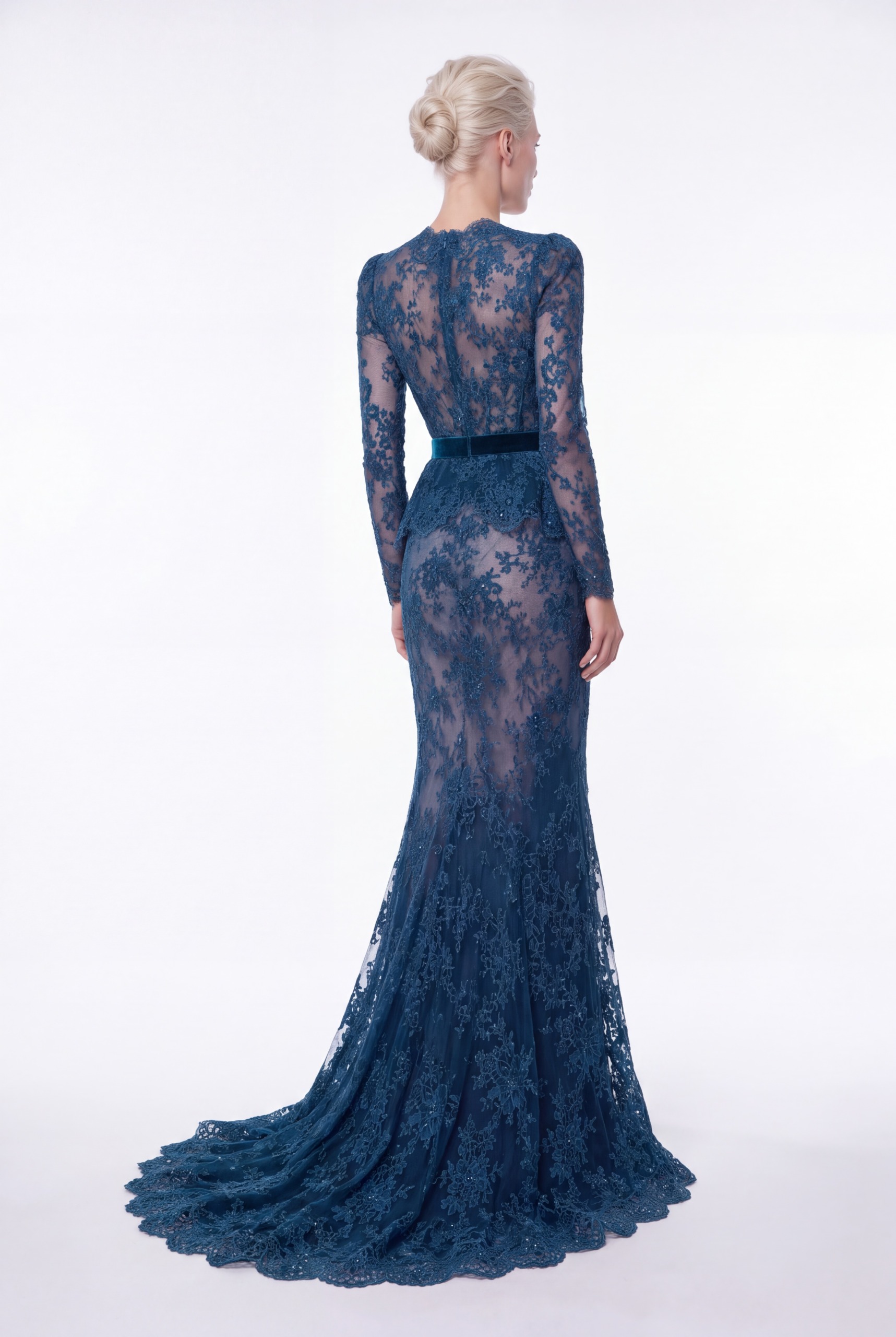 NCCF27-923B Deep Petrol Blue Floral Lace Long Sleeve Mermaid Dress - 2