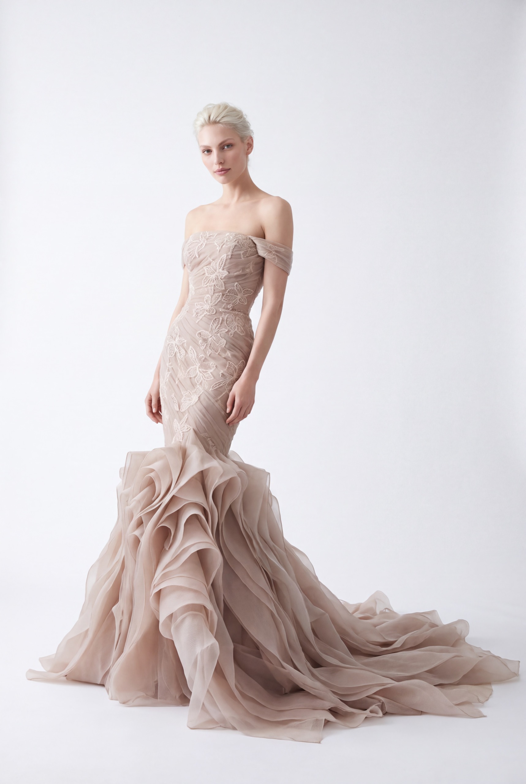 NCCF27-930 Champagne Nude Off-Shoulder Floral Embroidered Organza Mermaid Gown - 1