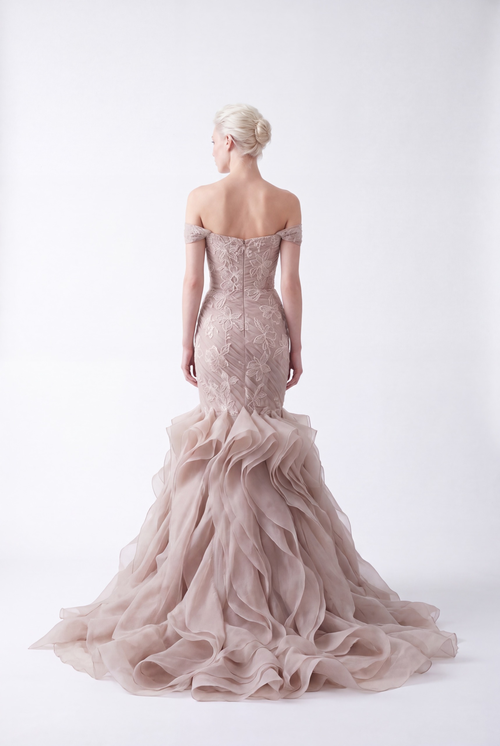 NCCF27-930B Champagne Nude Off-Shoulder Floral Embroidered Organza Mermaid Gown - 2