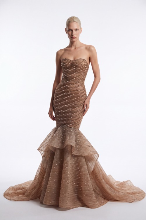 Champagne Nude Strapless Crystal Embellished Mermaid Gown