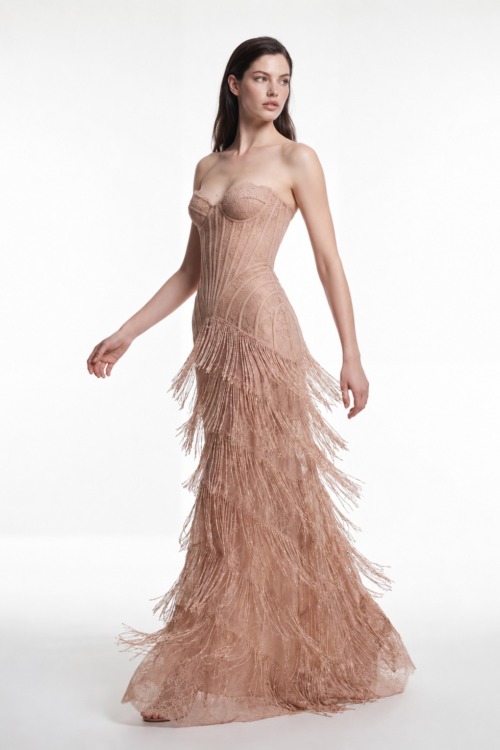 Dusty Rose Strapless Embroidered Lace Fringe Mermaid Gown
