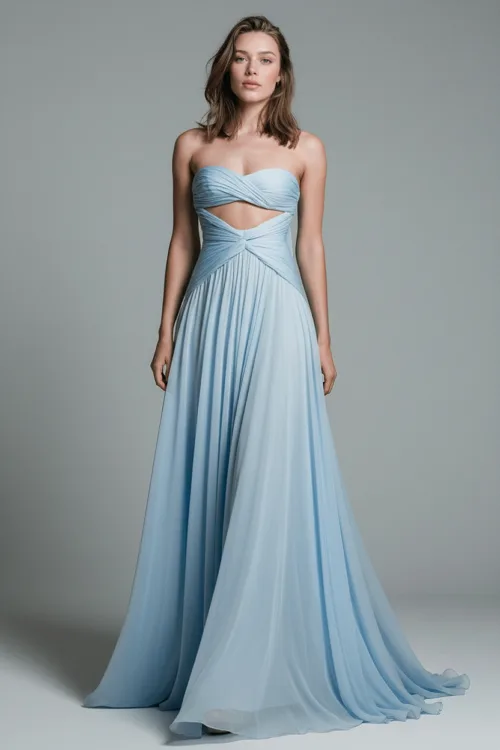 Ice Blue Cut Out Draped Strapless Evening Dress