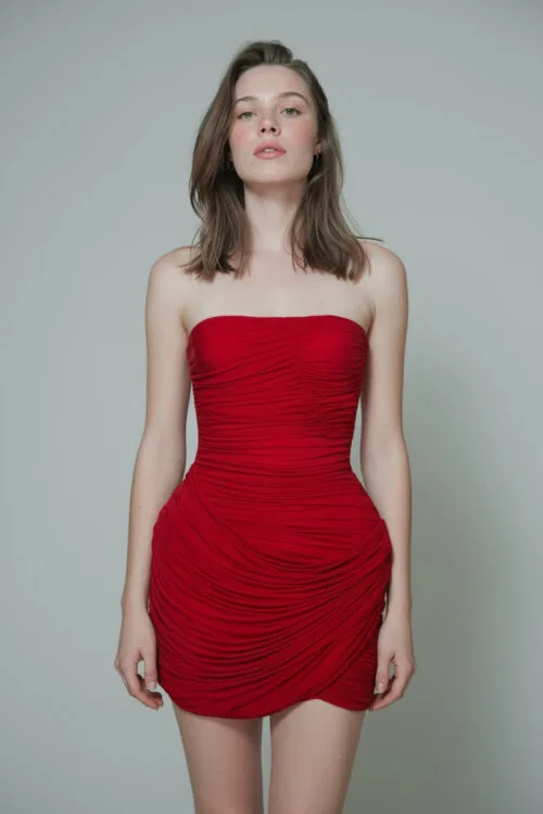 Ruched Strapless Bodycon Mini Red Dress