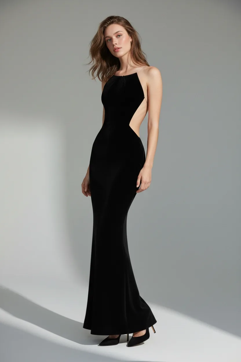 Black Side Cut Out Backless Evening Dress - 1
