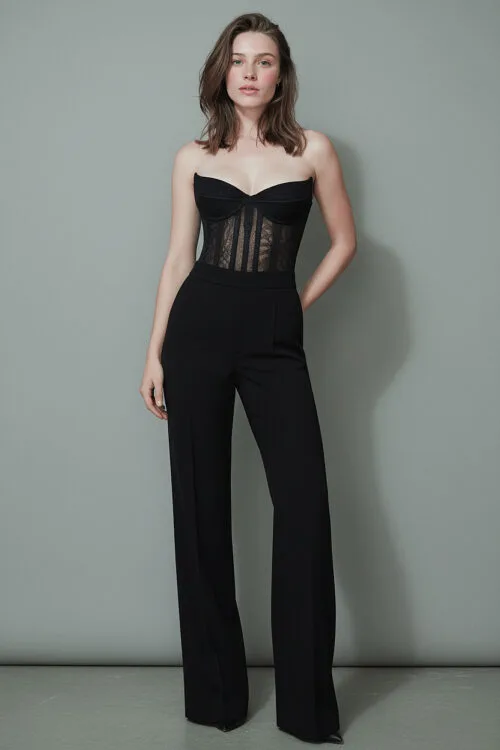 Black Lace Corset Bustier & Wide Leg Trousers Jumpsuit