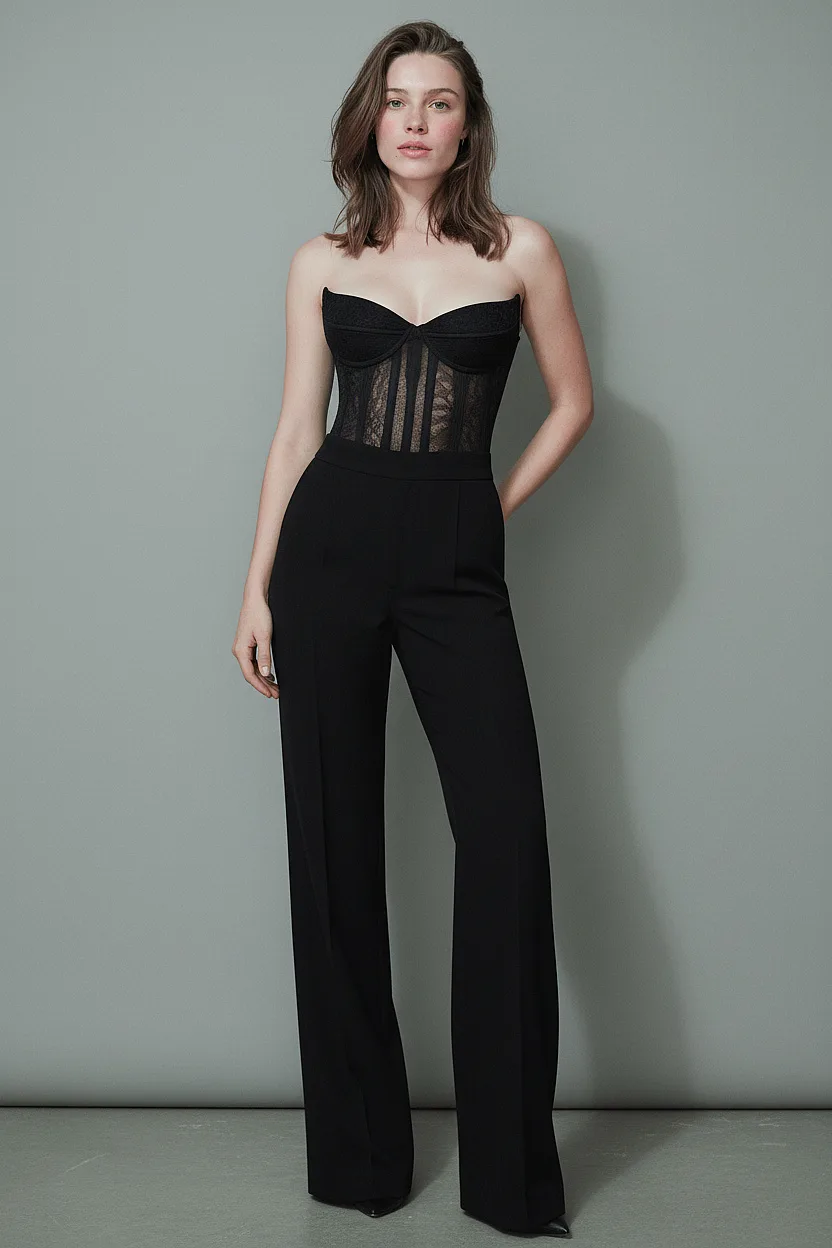 Black Lace Corset Bustier & Wide Leg Trousers Jumpsuit - 1