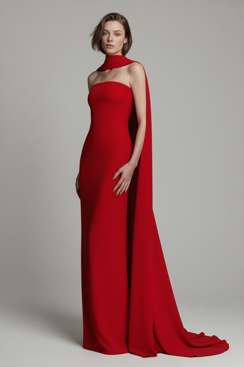 Red Column Dress with Neck Scarf