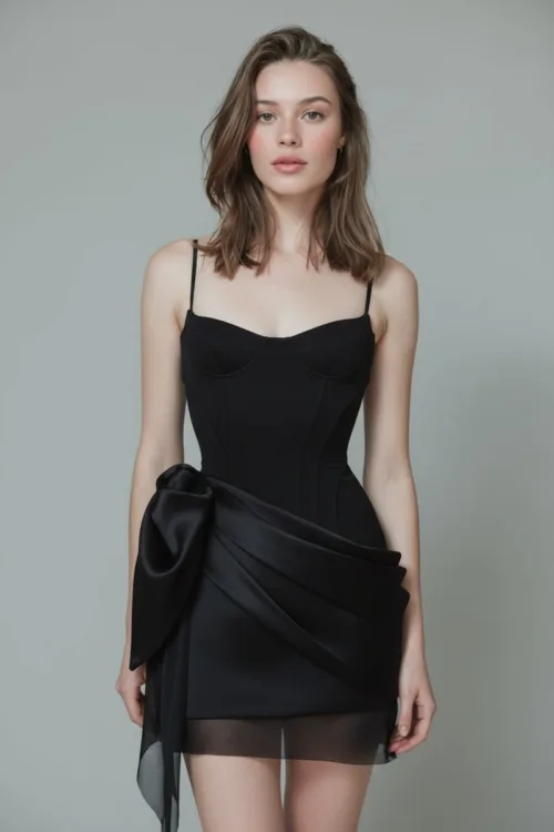 Black Corset Mini Dress with Satin Draped Skirt Detail