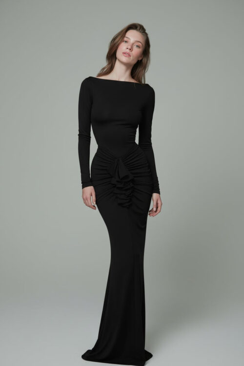 Black Long Sleeve Ruched Detail Evening Gown