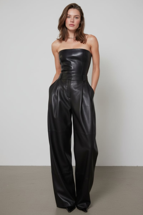 Black Strapless Faux Leather Wide Leg Jumpsuit
