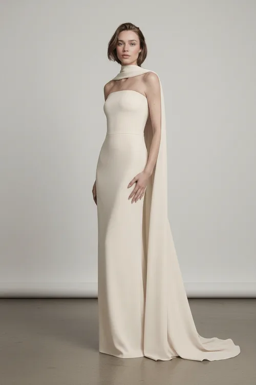 Soft Cream Column Dress with Neck Scarf