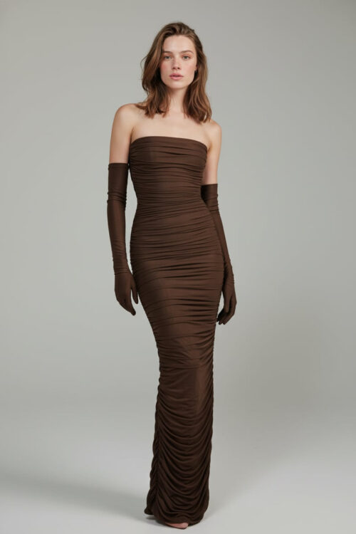 Chocolate Ruched Strapless Dress with Matching Gloves