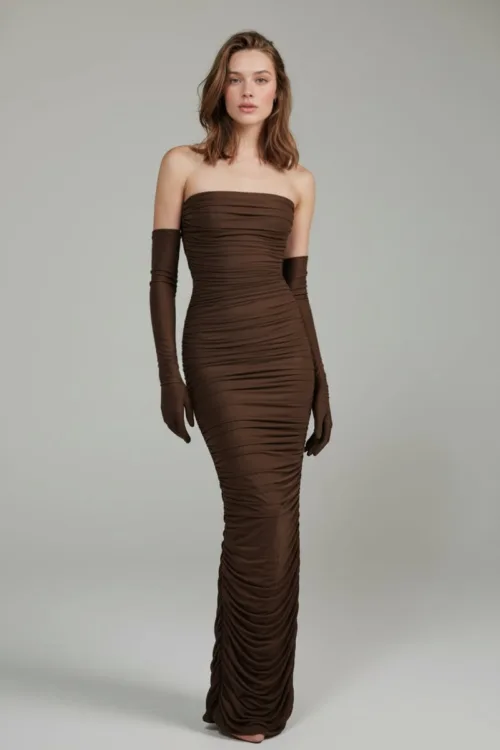 Chocolate Ruched Strapless Dress with Matching Gloves