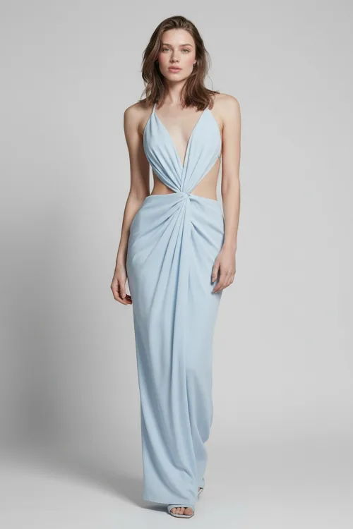 Plunging Halter Neck Cut-Out Waist Draped Column Evening Dress