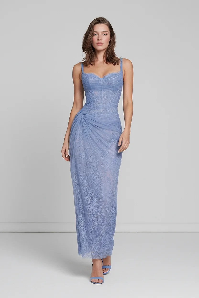 Corset Bodice Column Dress with Draped Wrap Skirt and Lace Overlay - 1