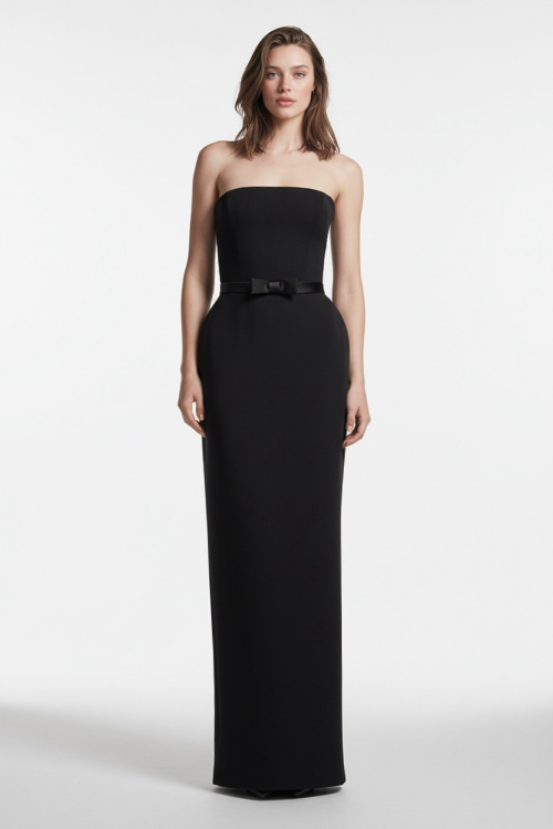 Strapless Straight Column Dress with Defined Waist Bow