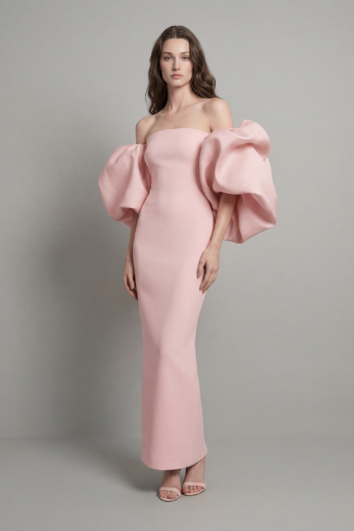 Blush Sculpted Sleeve Strapless Evening Dress