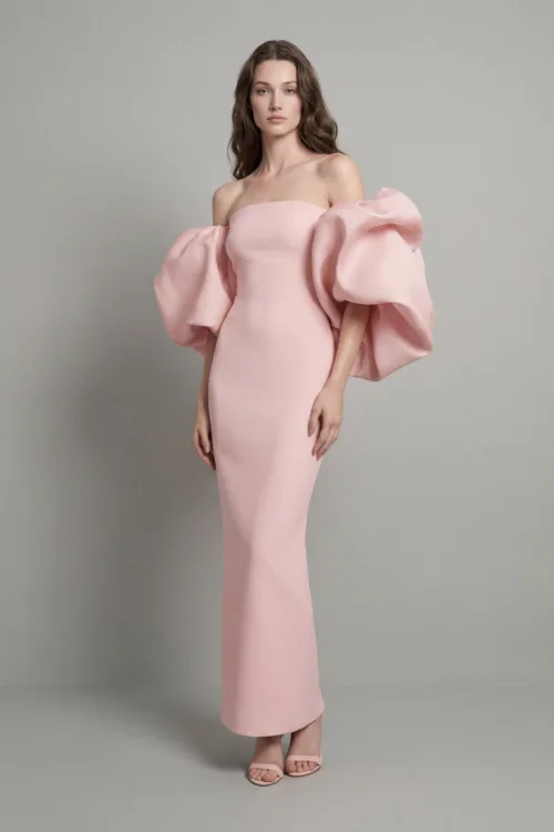 Blush Sculpted Sleeve Strapless Evening Dress