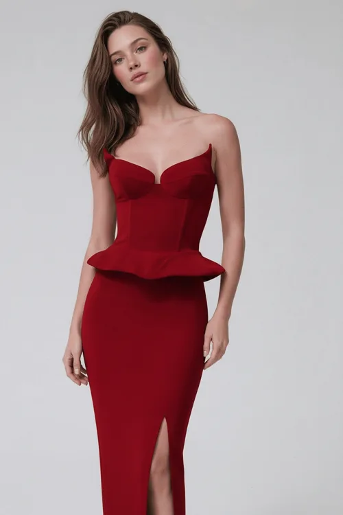 Strapless Peplum Waist Column Dress with Front Slit