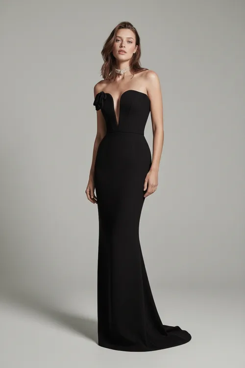 Strapless Deep V Neck Column Dress with Fitted Waist and Soft Train