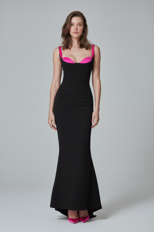 Bustier Fitted Column Dress with Contrast Cups and Straps