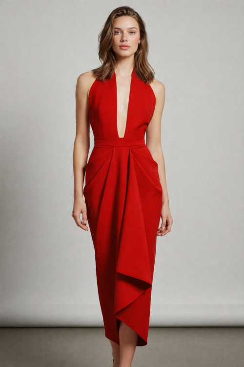 Deep V Halter Neck Draped Midi Column Dress