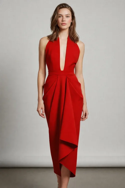 Deep V Halter Neck Draped Midi Column Dress