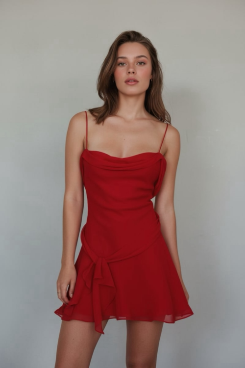 Spaghetti Strap Draped Mini A Line Dress