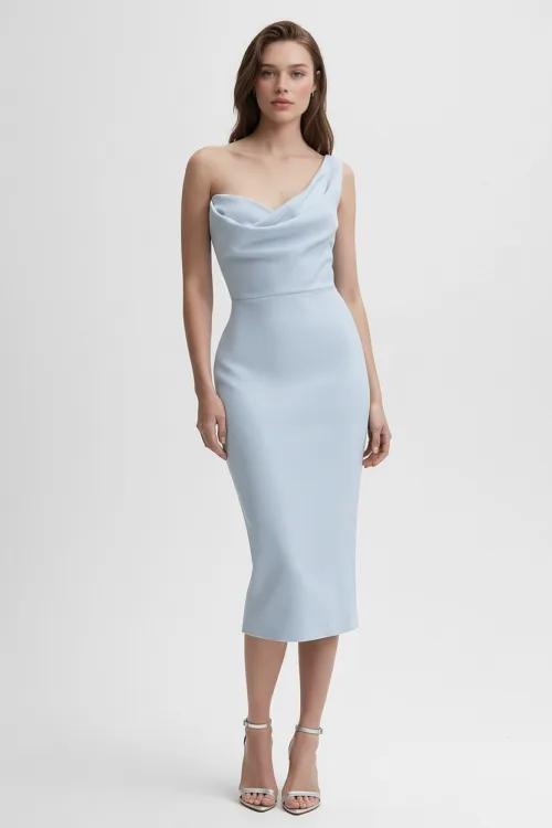 One Shoulder Draped Pencil Midi Dress