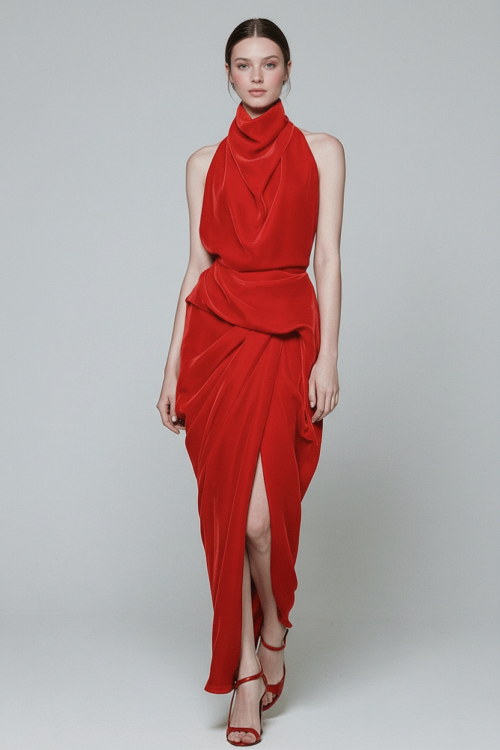 Draped Halter Neck Slit Evening Dress