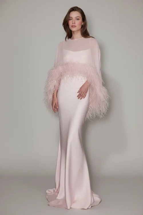 Sheer Cape Feather Trim Satin Column Dress