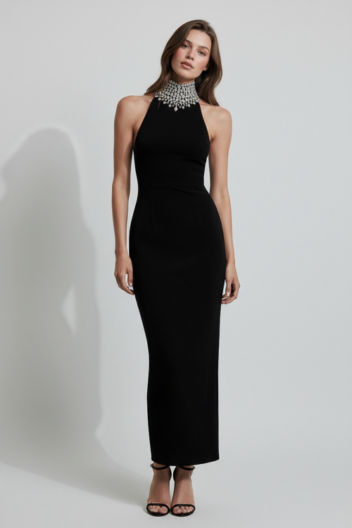 Crystal Embellished Halter Neck Black Evening Dress
