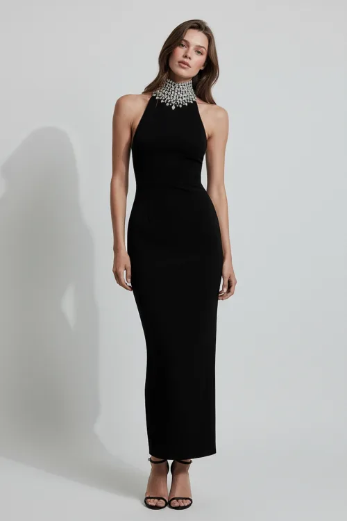 Crystal Embellished Halter Neck Black Evening Dress