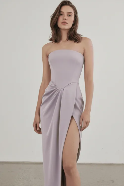 Strapless Draped Slit Evening Dress