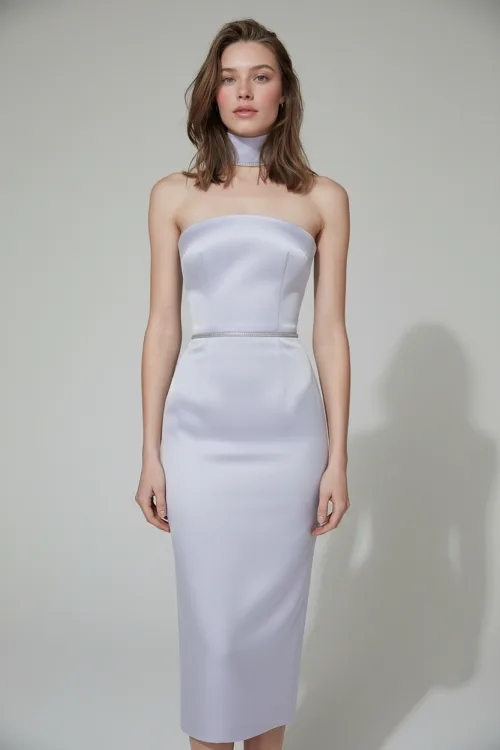 Strapless Satin Midi Dress with Choker Detail