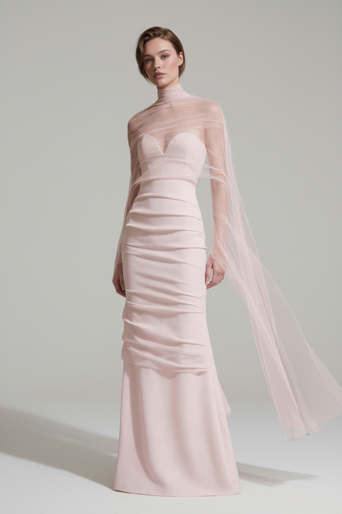 Strapless Blush Satin Dress with Sheer Neck Drape