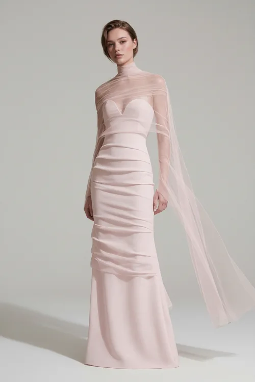 Strapless Blush Satin Dress with Sheer Neck Drape