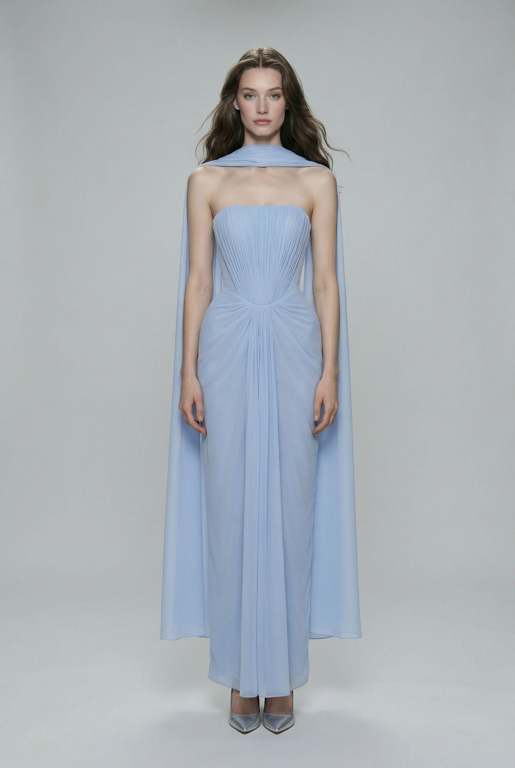 NRTW170 Pleated Strapless Chiffon Cape Detail Evening Dress - 2