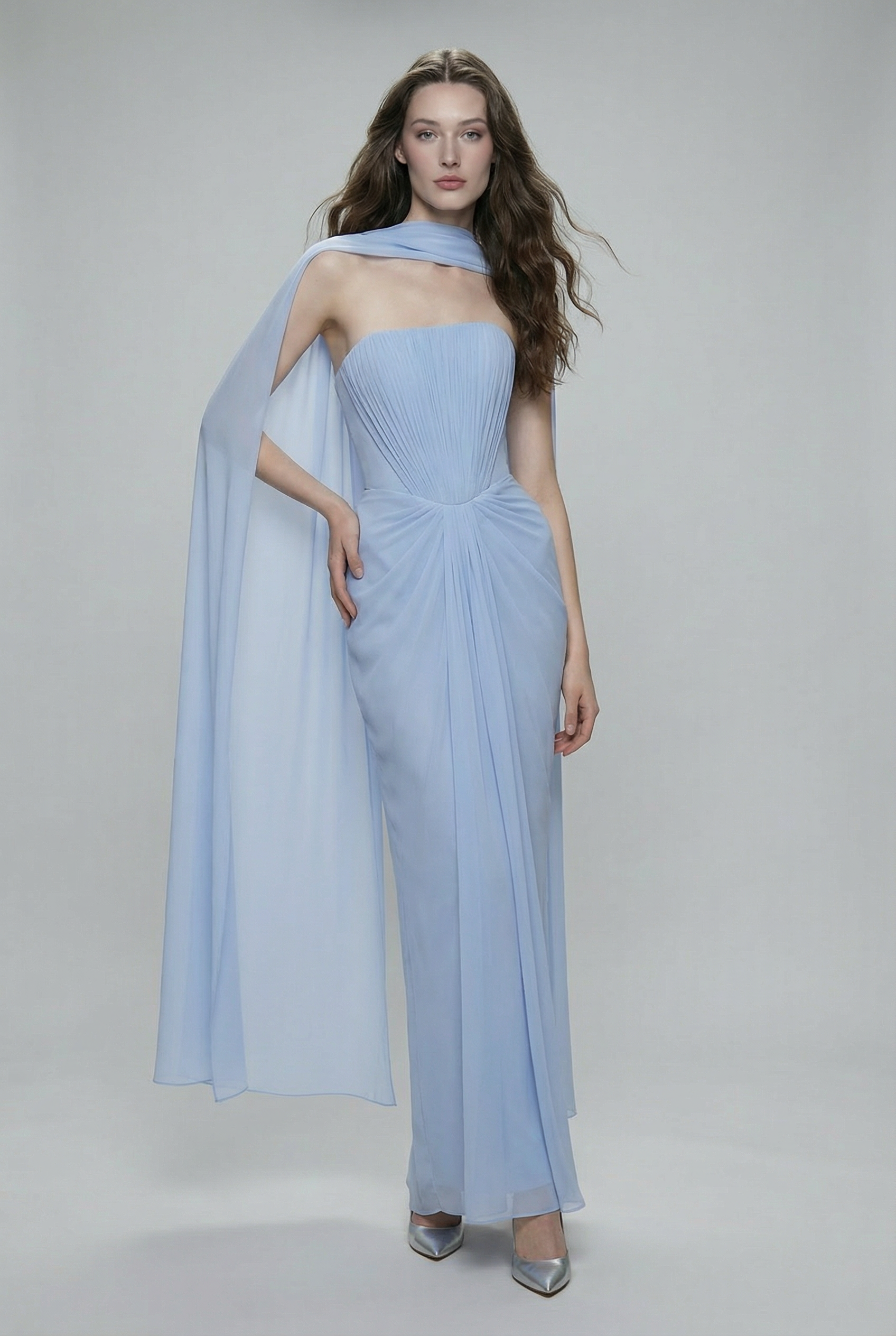 NRTW170C Pleated Strapless Chiffon Cape Detail Evening Dress - 1