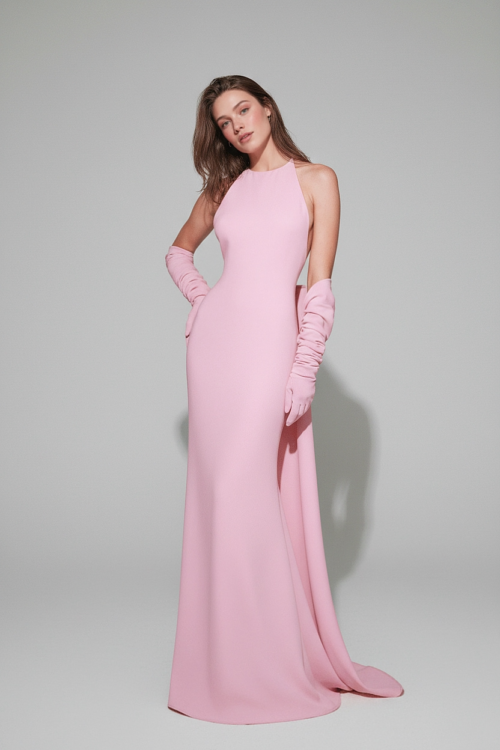 Halter Neck Soft Pink Evening Dress with Gloves