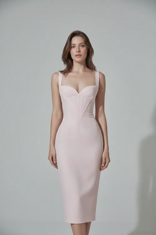 Soft Blush Corset Detail Midi Dress