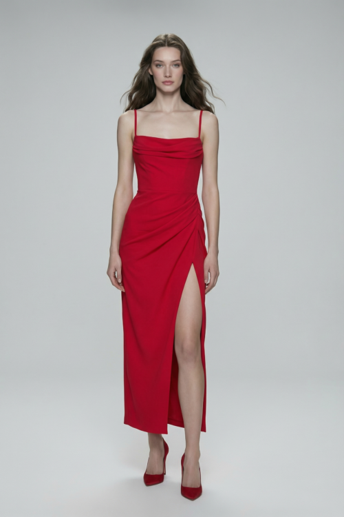 Draped Bodice Slit Detail Red Dress