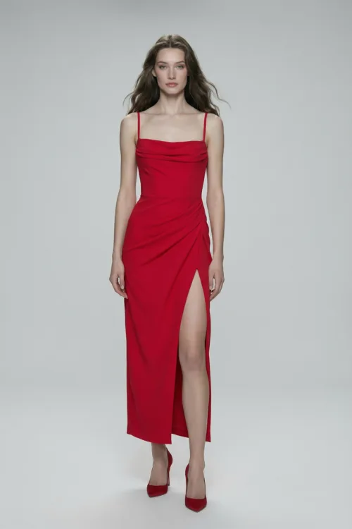Draped Bodice Slit Detail Red Dress