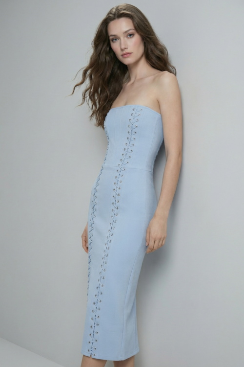 Strapless Lace Up Detail Midi Dress