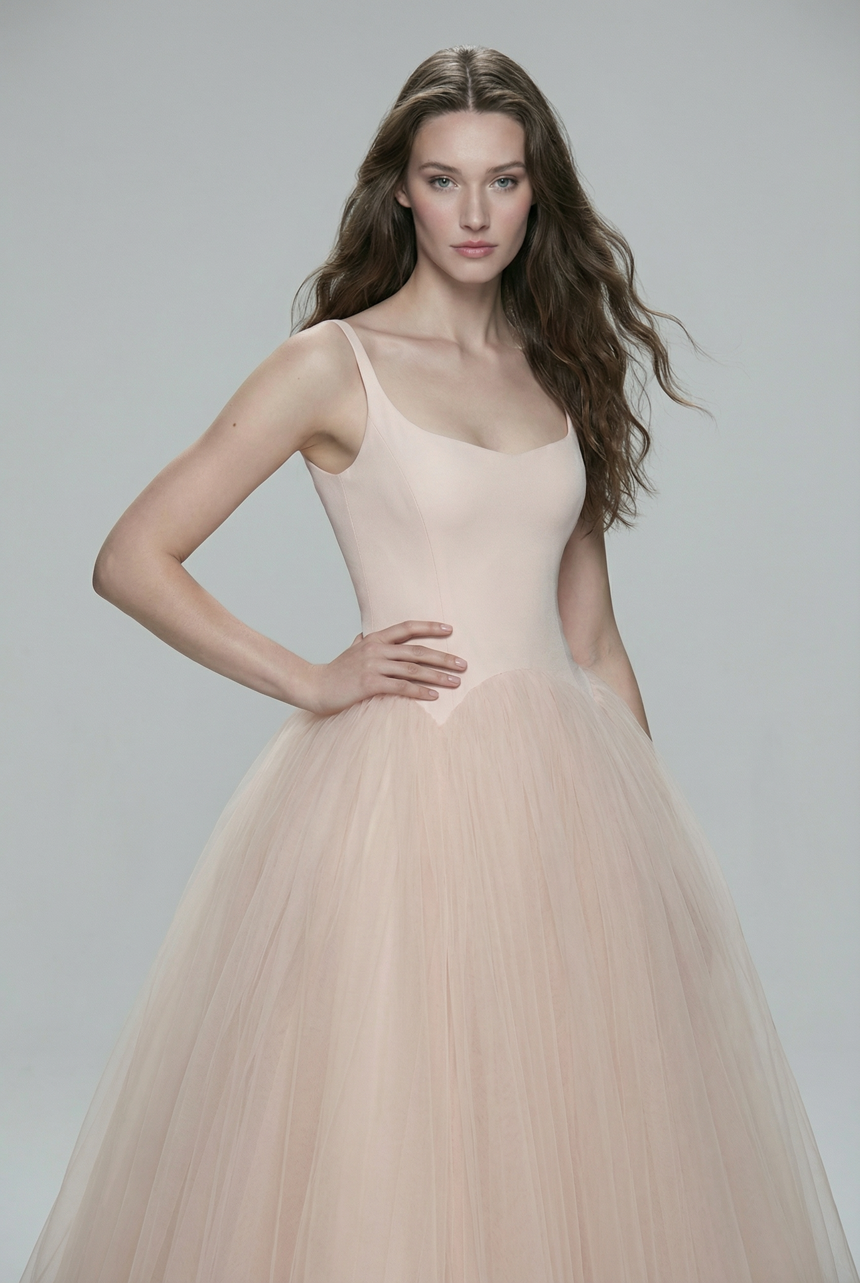 NRTW178 Soft Tulle Skirt Corset Bodice Midi Dress - 1