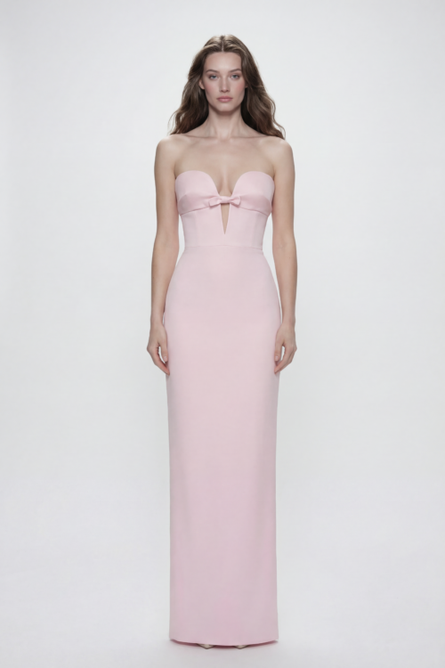 Blush Bow Strapless Crepe Evening Long Dress