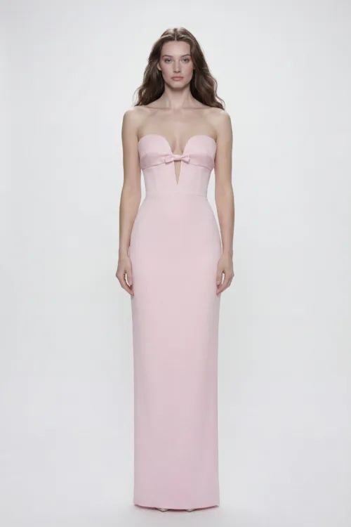 Blush Bow Strapless Crepe Evening Long Dress