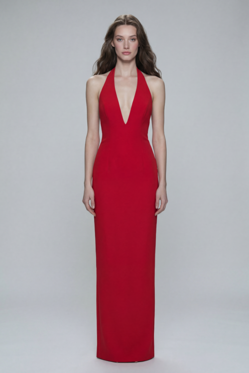 Red Halter Neck Deep V Crepe Long Dress